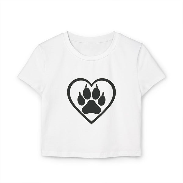 White t-shirt with black heart and paw print design on a white. Organic cotton baby tee with wolf-inspired design, printed on a slim-fit, eco-friendly shirt.
