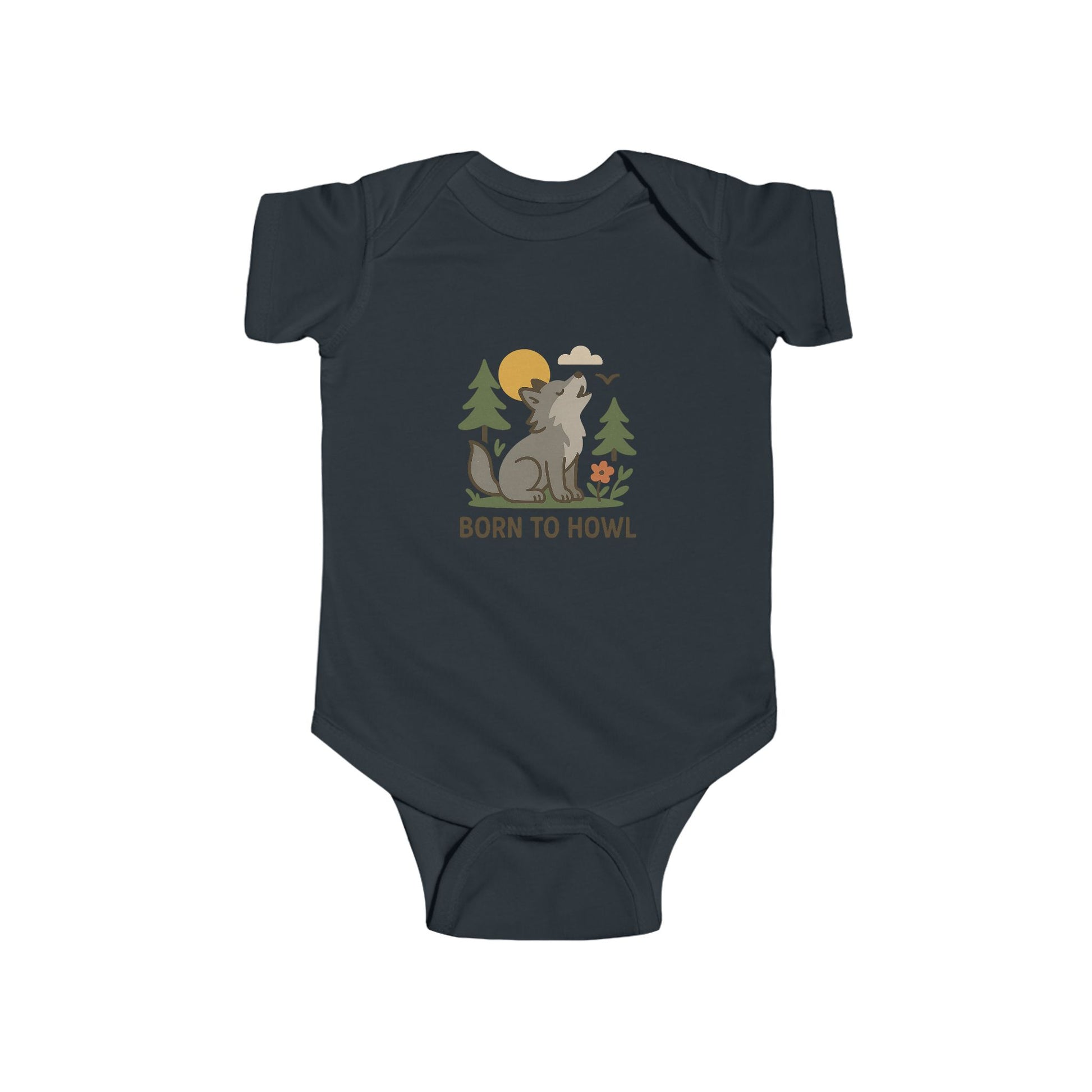 Navy blue baby onesie with a wolf graphic and 'Born to Howl' text on a white background