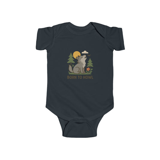 Navy blue baby onesie with a wolf graphic and 'Born to Howl' text on a white background