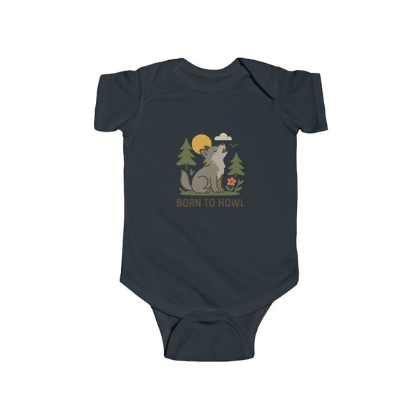 Navy blue baby onesie with a wolf graphic and 'Born to Howl' text on a white background