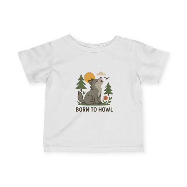 Kid's White t-shirt with a wolf graphic and 'Born to Howl' text on a white background
