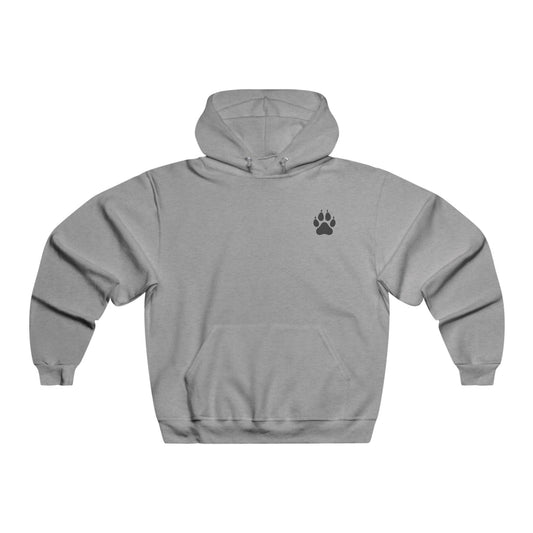 Gray hoodie with a black paw print on the chest against a white background