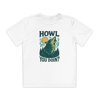 White youth t-shirt with a graphic of a wolf howling at the moon and text 'HOWL YOU DOIN?' on a white background