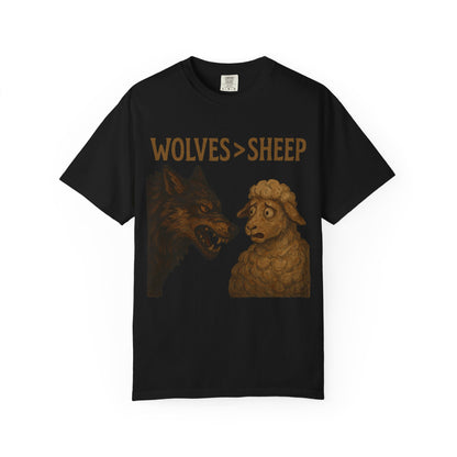 Black t-shirt with a graphic of a wolf and a sheep and text 'WOLVES > SHEEP' on a white background