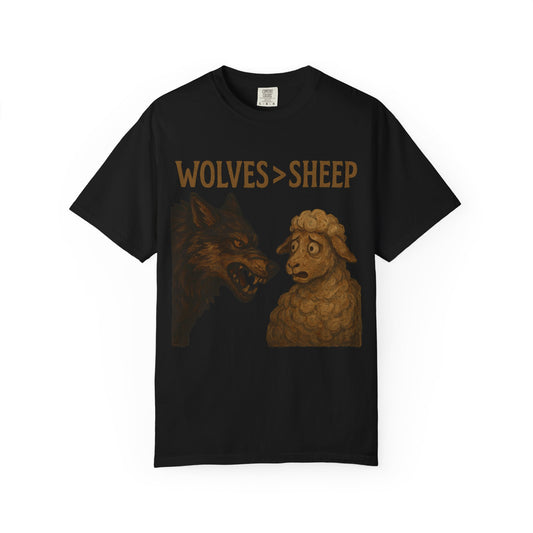 Black t-shirt with a graphic of a wolf and a sheep and text 'WOLVES > SHEEP' on a white background