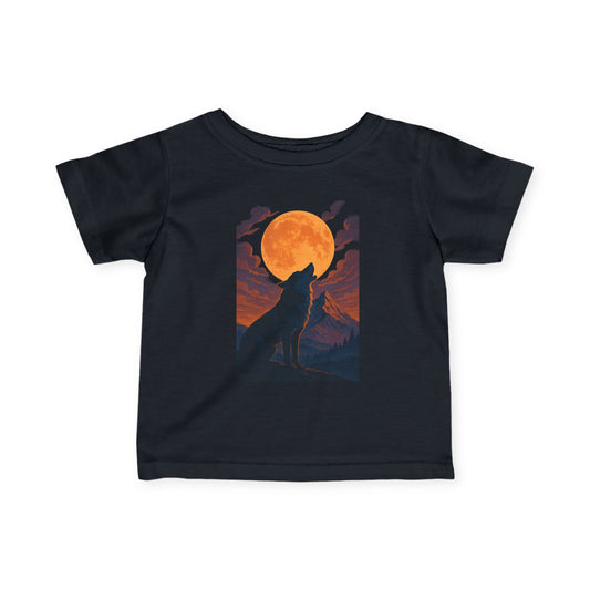 Youth t-shirt with “Duskhowl Moon Wolf” moonlit-themed design, laid flat with ribbed collar, short sleeves, and lightweight cotton-blend fabric.