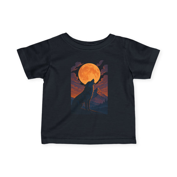 Youth t-shirt with “Duskhowl Moon Wolf” moonlit-themed design, laid flat with ribbed collar, short sleeves, and lightweight cotton-blend fabric.