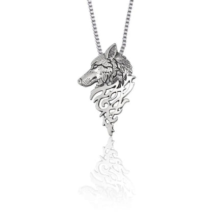 Silver wolf pendant necklace on a white background