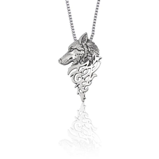 Silver wolf pendant necklace on a white background