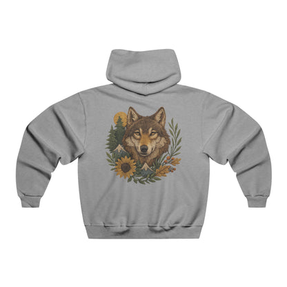 Hooded sweatshirt with front and back fall-themed wolf design in earthy autumn tones, printed on a soft cotton-poly blend with relaxed fit.
