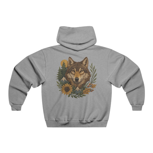 Hooded sweatshirt with front and back fall-themed wolf design in earthy autumn tones, printed on a soft cotton-poly blend with relaxed fit.