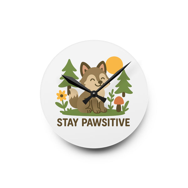Wall clock featuring a cute smiling wolf with the phrase “Stay Pawsitive,” shown in a bright, cheerful design with rounded or square frame.
