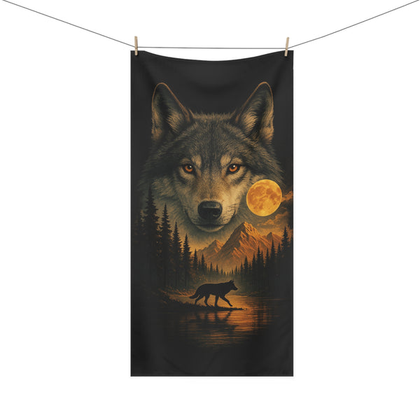 Rectangular towel with bold wolf and wilderness artwork, shown fully laid out to highlight vivid colors and large 30" × 60" size.