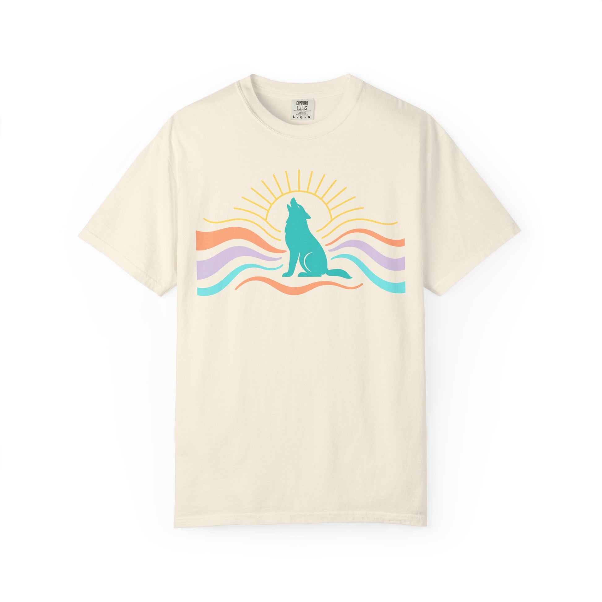Beige t-shirt with a colorful graphic of a wolf howling at the sun on a white background
