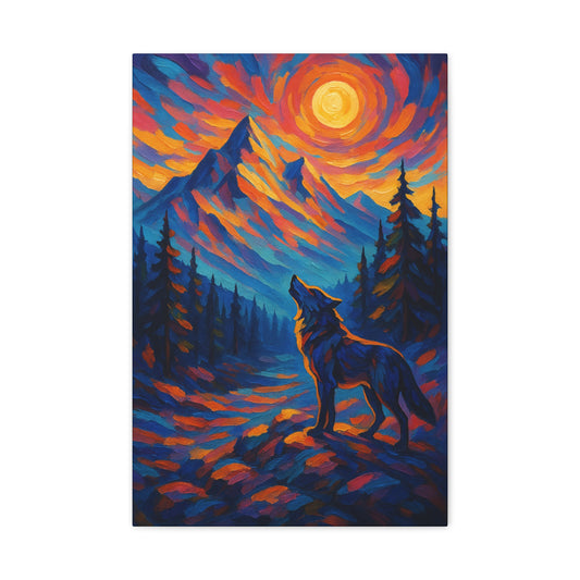 Wolf howling at a colorful mountain sunset