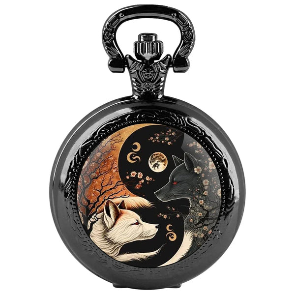Decorative pocket watch with wolf design on a white background