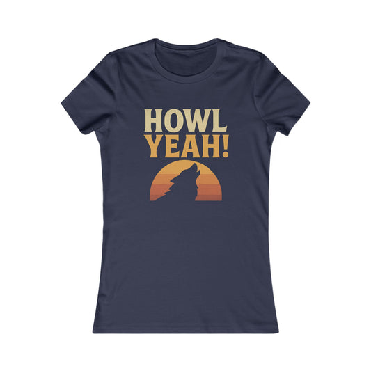 Navy blue womens t-shirt with 'HOWL YEAH!' text and wolf silhouette graphic on a white background