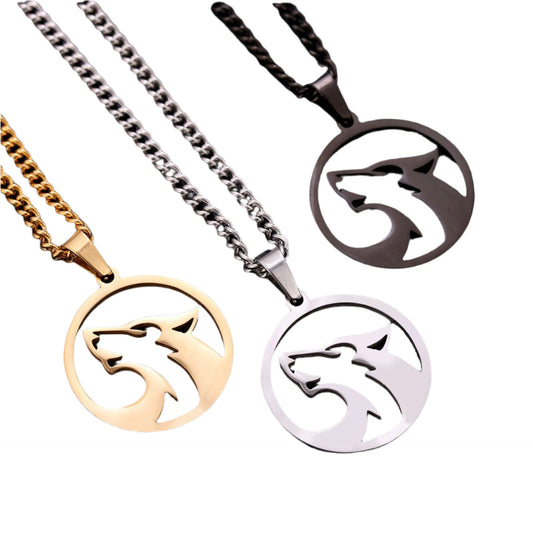 Four wolf-themed necklaces in gold, silver, and black on a white background.