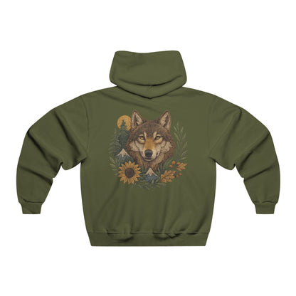 Green hooded sweatshirt with front and back fall-themed wolf design in earthy autumn tones, printed on a soft cotton-poly blend with relaxed fit.