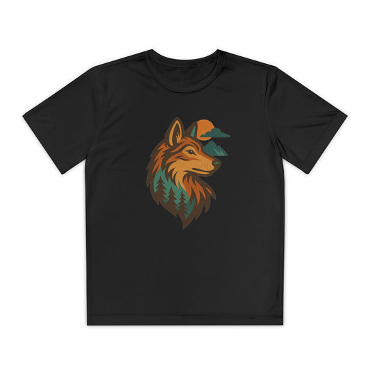 Youth athletic-fit performance t-shirt with “Sundrift Wolf” sunlit nature-themed design, displayed flat with moisture-wicking fabric and short sleeves.