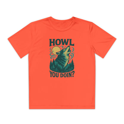 Orange t-shirt with a graphic of a wolf and text on a white background