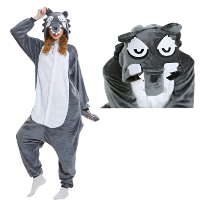 Person wearing a gray wolf onesie with a close-up of the hood.