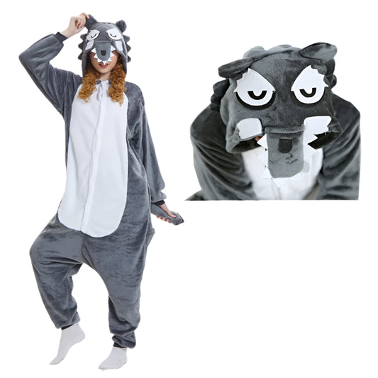 Person wearing a gray wolf onesie with a close-up of the hood.