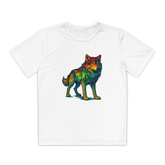 White Youth performance t-shirt with “Rainbow Wild Wolf” colorful design, laid flat to highlight lightweight, breathable fabric and athletic fit for active play.