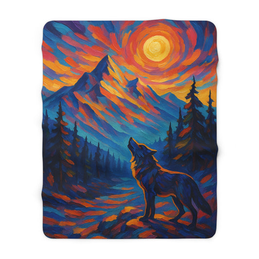 Sherpa Blanket with a wolf howling at a colorful mountain scene design.
