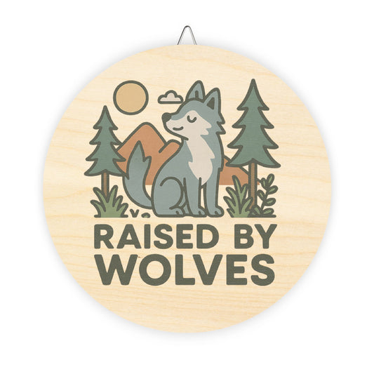 Wooden circular sign with a wolf illustration and 'Raised by Wolves' text on a white background