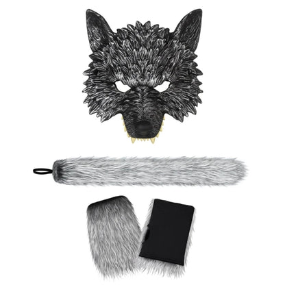 Wolf mask with fur accessories on a white background