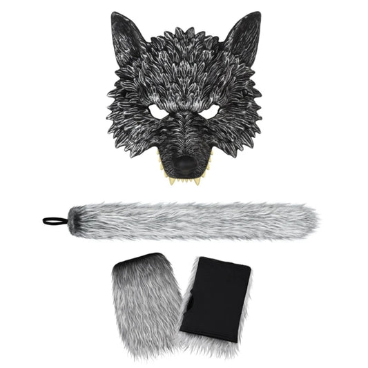 Wolf mask with fur accessories on a white background