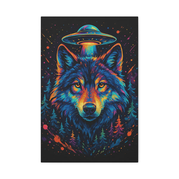 Colorful wolf with a UFO above its head in a forest setting