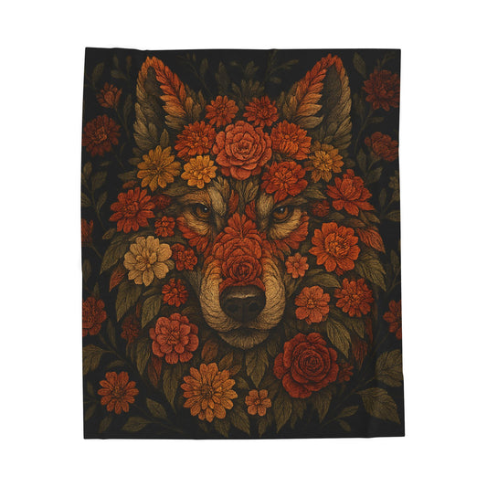 Rug with a floral design featuring a wolf's head on a black background