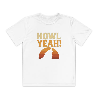 White Youth athletic-fit t-shirt with “Howl Yeah!” retro-style wolf design, displayed flat with moisture-wicking fabric, short sleeves, and vibrant energy.