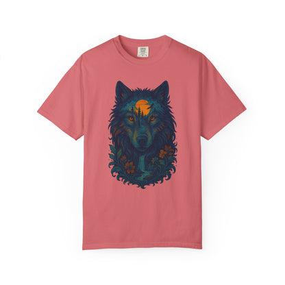 Pink Floral wolf graphic t-shirt for nature lovers, relaxed fit cotton tee with intuitive forest design