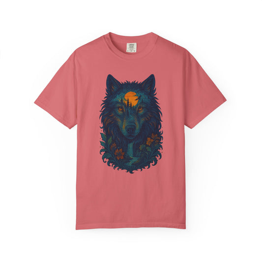 Pink Floral wolf graphic t-shirt for nature lovers, relaxed fit cotton tee with intuitive forest design