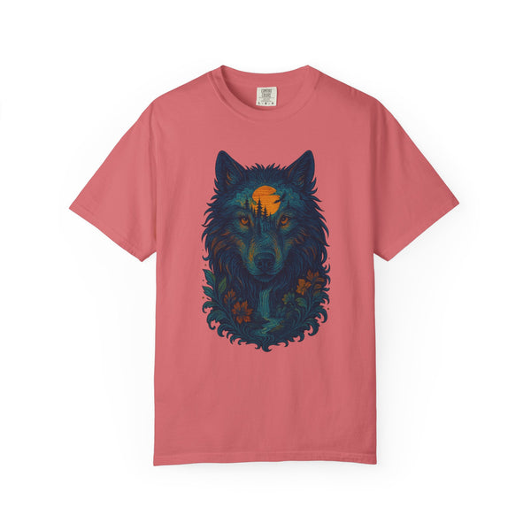 Pink Floral wolf graphic t-shirt for nature lovers, relaxed fit cotton tee with intuitive forest design