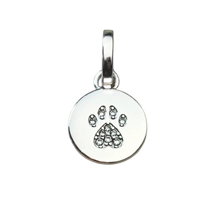 Silver pendant with paw print design on a white background
