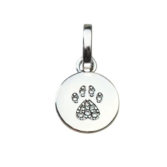 Silver pendant with paw print design on a white background
