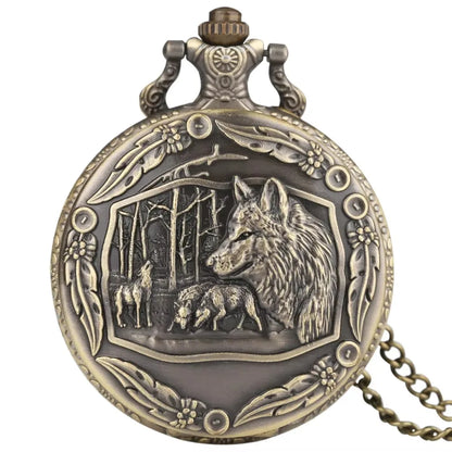 Bronze pocket watch with wolf design on a white background