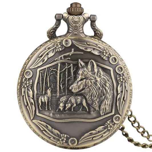 Bronze pocket watch with wolf design on a white background