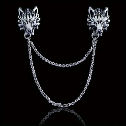 Twinfang Chain Brooch | Dual Wolf Head Collar Pin