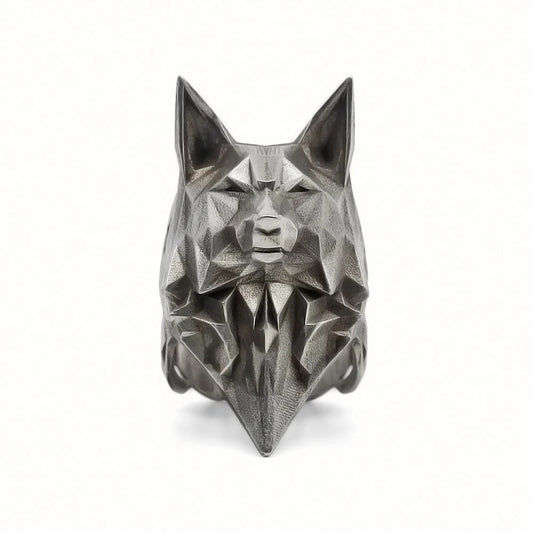 Geometric wolf head sculpture on a white background
