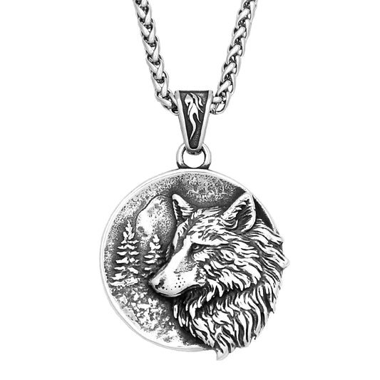 Silver wolf pendant necklace on a white background