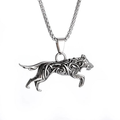 Silver wolf pendant necklace on a white background