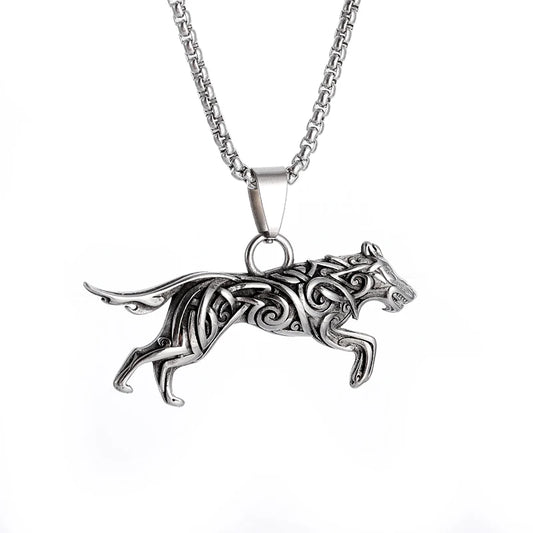 Silver wolf pendant necklace on a white background