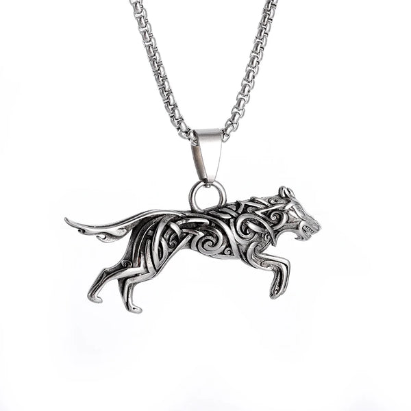 Silver wolf pendant necklace on a white background