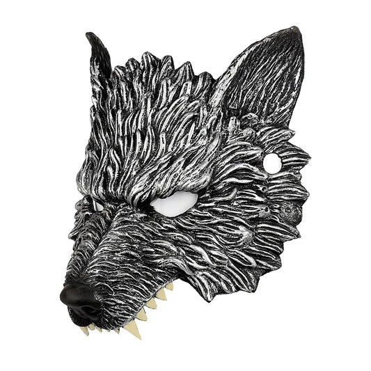 Fierce wolf head sculpture mask on a white background