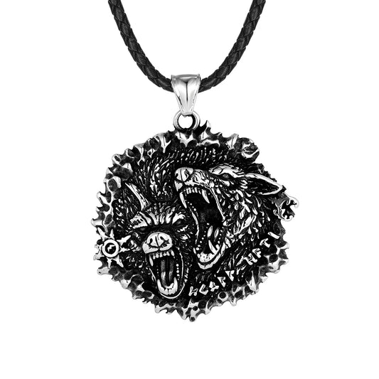 Silver wolf pendant necklace on a white background
